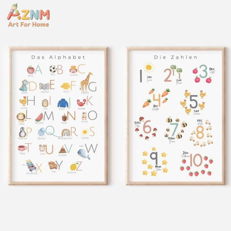 Kids Home Education - AZNM Duits alfabet cijfers canvas wandkunst,